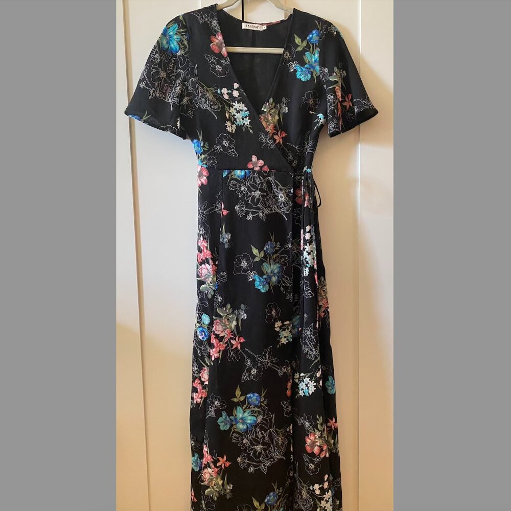 Need Supply Farrow Floral Printed Maxi Wrap Dress Black Small 90s